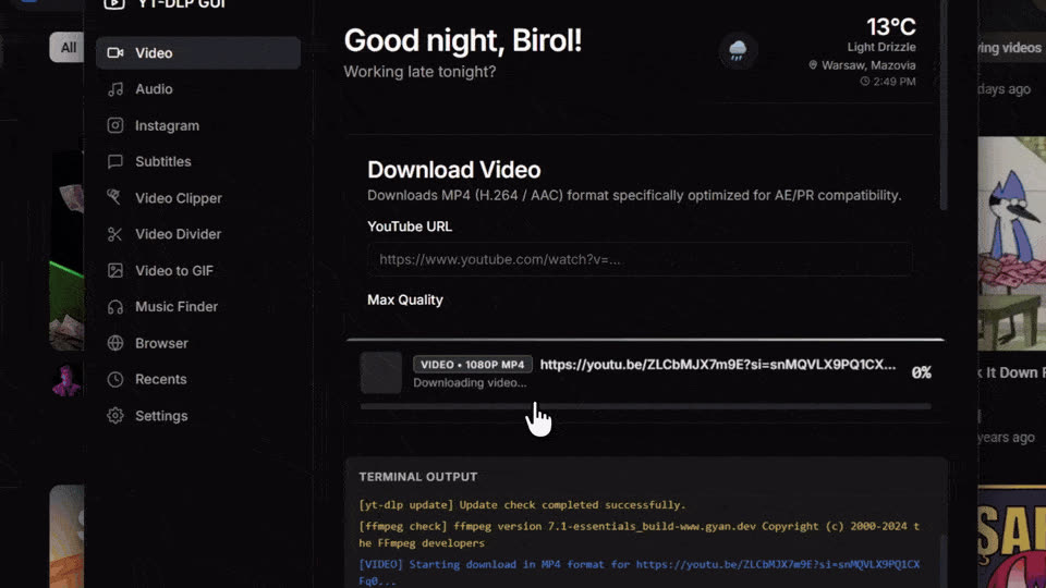 YT-DLP GUI Video tab: YouTube URL field, Max Quality selector, a download in progress, and live terminal output
